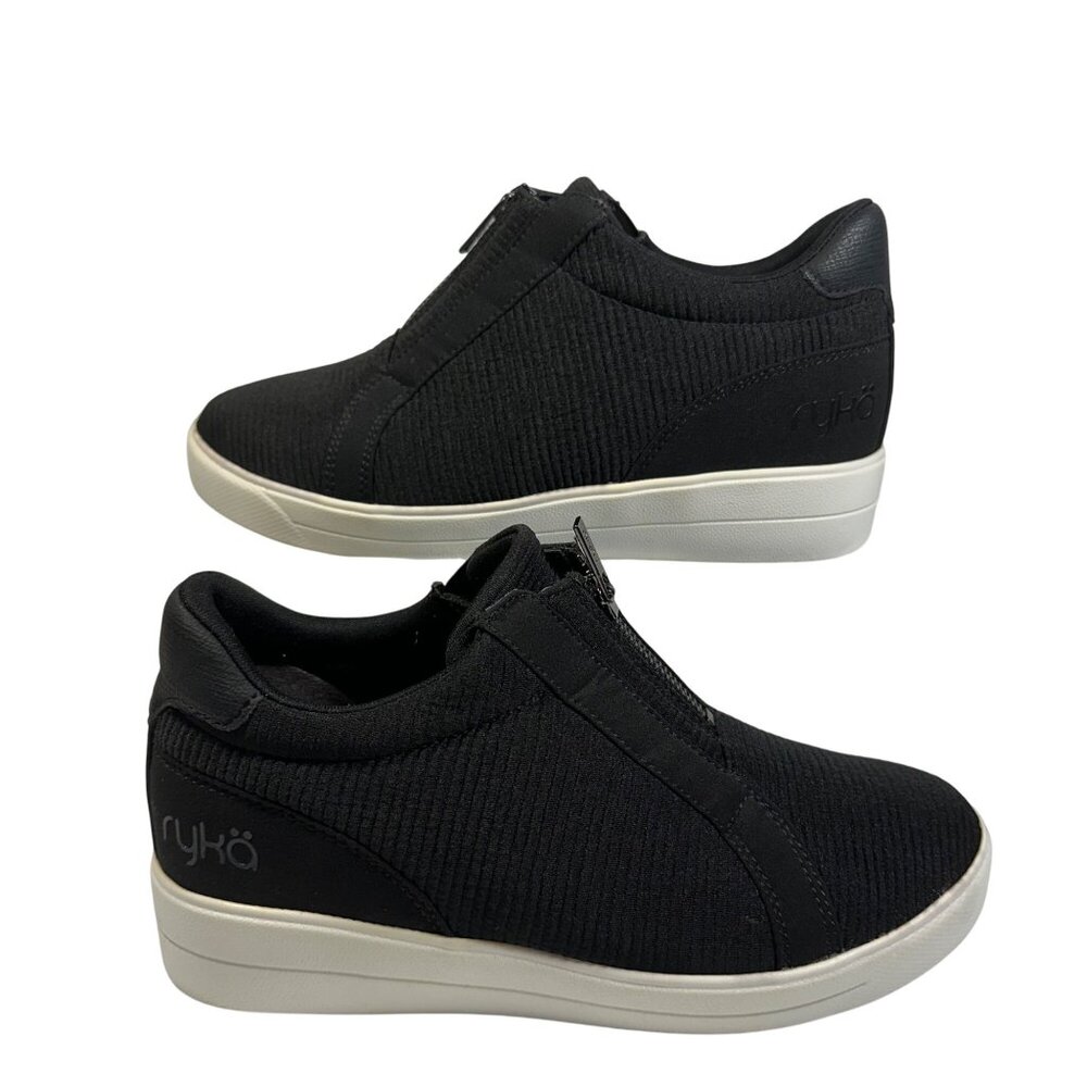 Ryka Womens Black Zip-Up Wedge Sneakers Size 7.5M Fabric Upper Cushioned Sole
